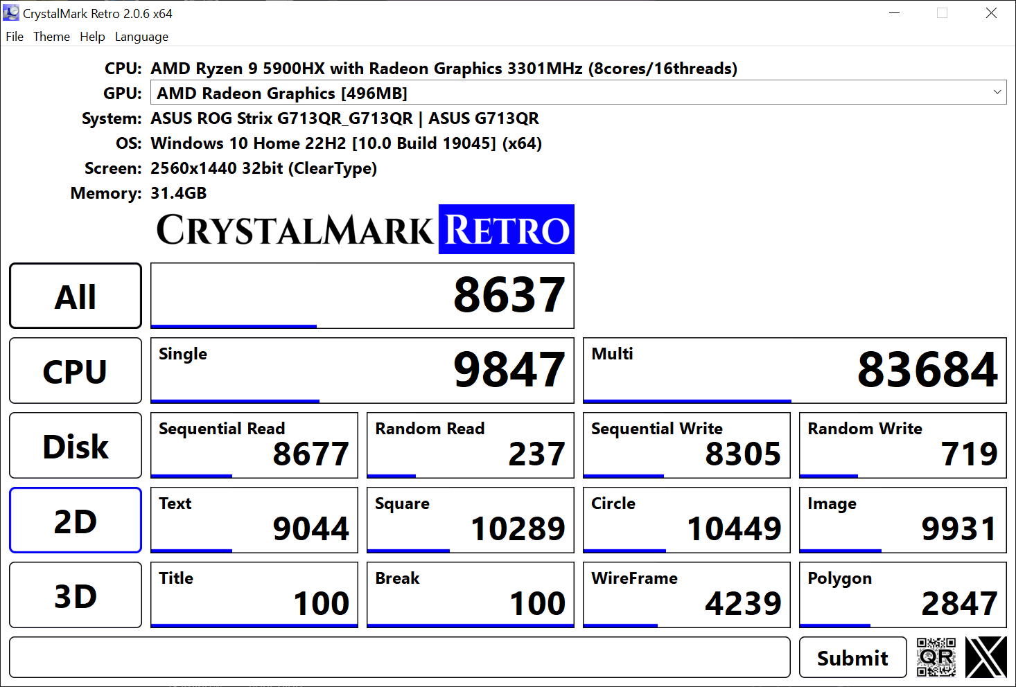 CrystalMark Retro benchmark results for ASUS ROG Strix G713QR