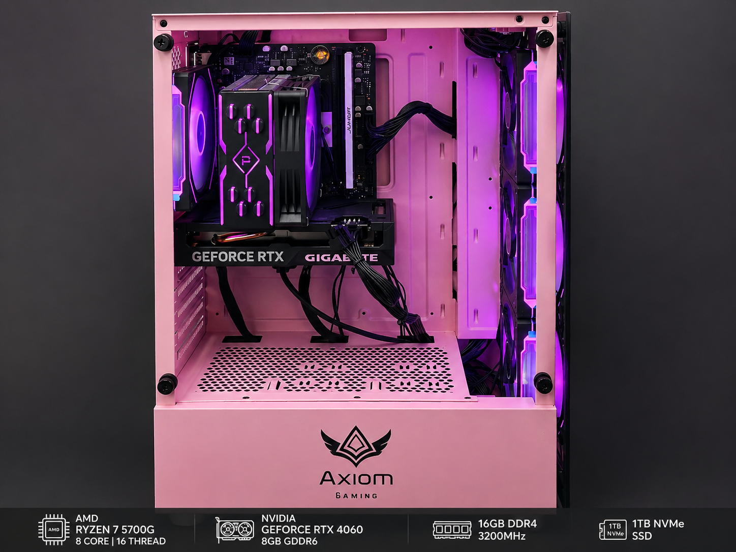 Axiom Gaming Pink RGB Gaming PC - Ryzen 7 5700G | RTX 4060 | 16GB